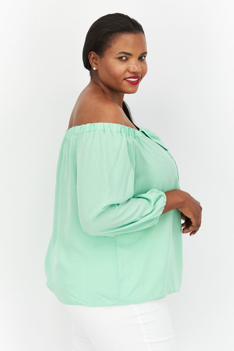 Riley & Rae بلوزة نسائية بدون أكتاف بأكمام 3/4 سادة، خضراء - Image 4